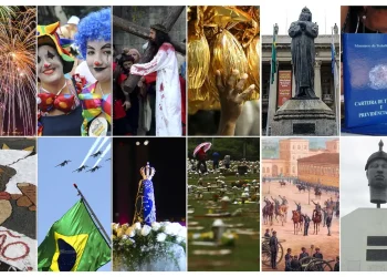 Colagem com fotos de celebrações, manifestações culturais, religiosas, cívicas e históricas do Brasil