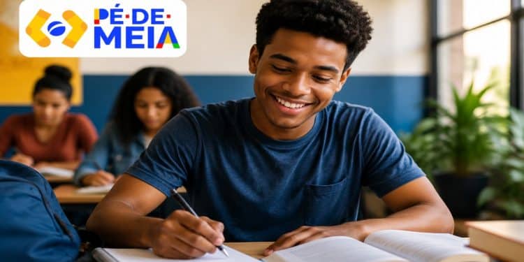Estudante sorrindo enquanto escreve em um caderno em sala de aula, ao lado do logo do Pé-de-Meia, programa que paga R$ 200 pela participação no Enem a alunos da EJA