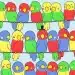 Papagaios desenhados em cores vermelho, verde, azul e amarelo sentados em três linhas de cabos.