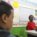 Professora sorridente com camiseta vermelha sentada diante de alunos em sala de aula colorida