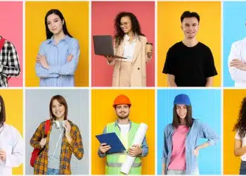 Profissões em destaque para 2026, com jovens em diferentes áreas profissionais como saúde, engenharia, tecnologia e mais.