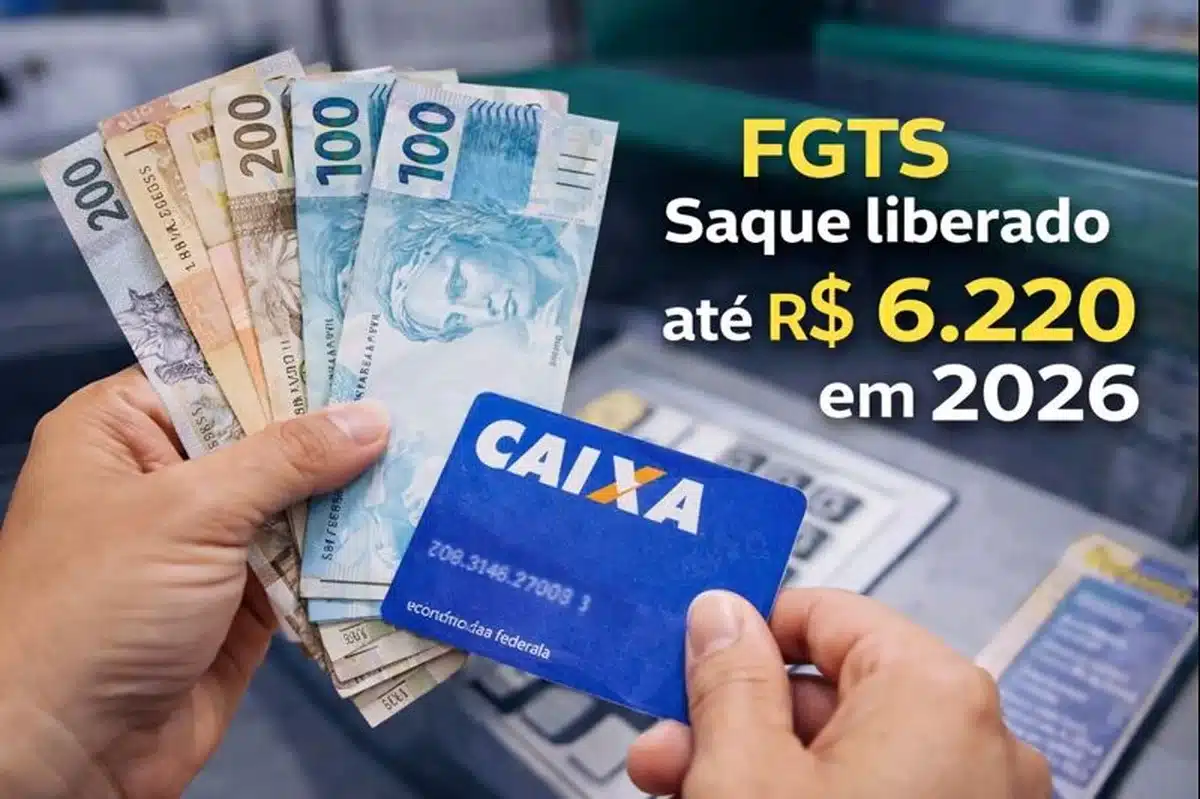 Como funciona o saque aniversário FGTS em 2026. Pessoa segurando cédulas de R$100 e R$200, com um cartão da CAIXA e o texto 'FGTS Saque liberado até R$6.220 em 2026'.