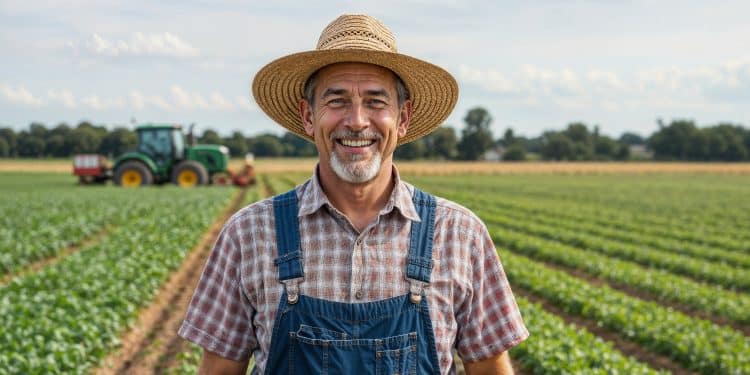 Agricultor sorridente usando chapéu de palha e jardineira em um campo cultivado, com um trator ao fundo.