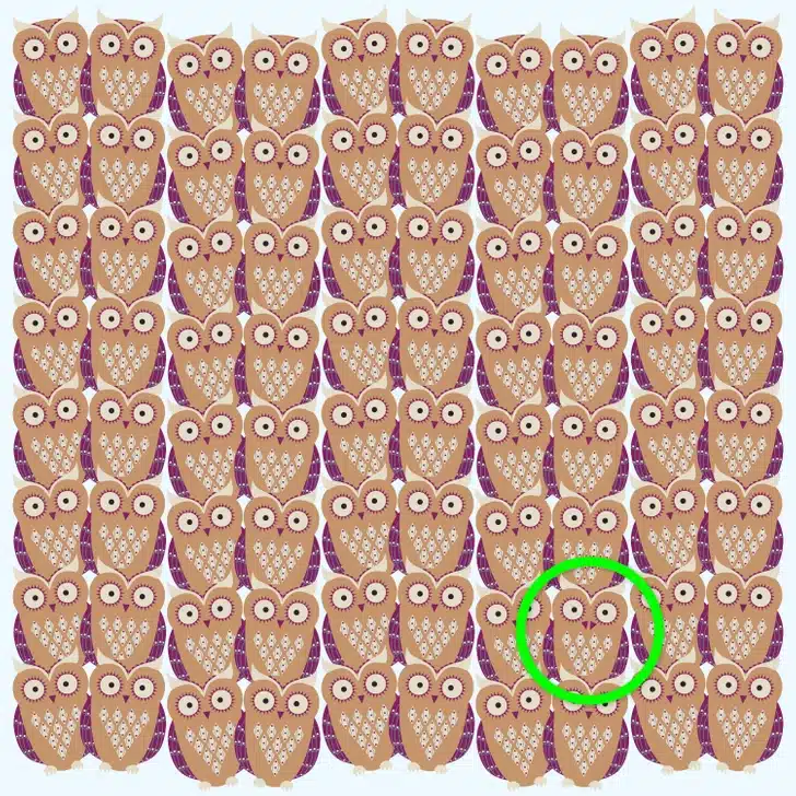Ache a coruja diferente entre as corujas em estilo decorativo repetitivo Teste visual com várias corujas em tons bege e roxo em padrão repetido sobre fundo claro