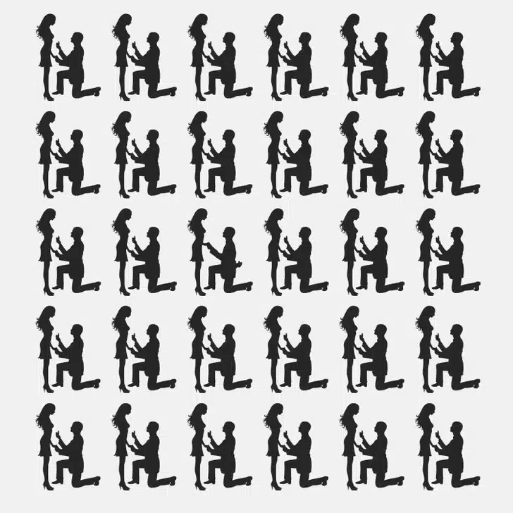 Encontre as diferenças entre as silhuetas de um momento de pedido de casamento. Teste visual com um mosaico de silhuetas de homem ajoelhado fazendo pedido de casamento para mulher com anel.