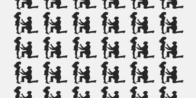 Teste visual com um mosaico de silhuetas de homem ajoelhado fazendo pedido de casamento para mulher com anel.