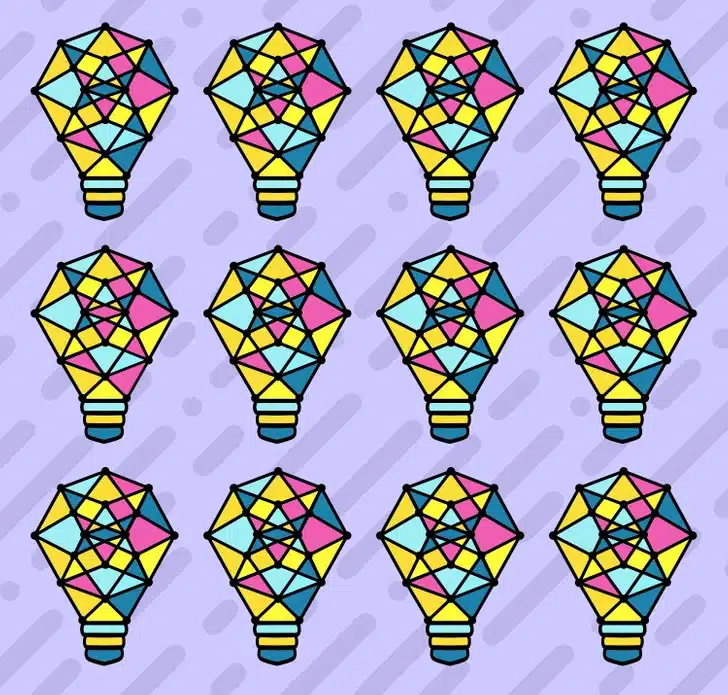 Encontre a lâmpada fora do padrão entre as de lâmpadas com design geométrico. Teste visual com múltiplas lâmpadas coloridas com formas geométricas amarelas, azuis e rosas sobre fundo roxo