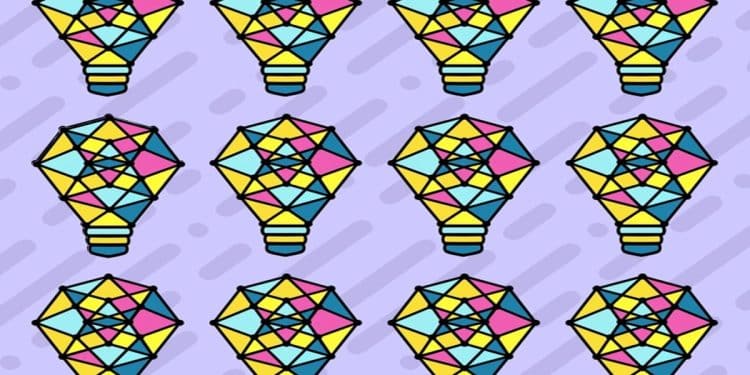 Teste visual com múltiplas lâmpadas coloridas com formas geométricas amarelas, azuis e rosas sobre fundo roxo