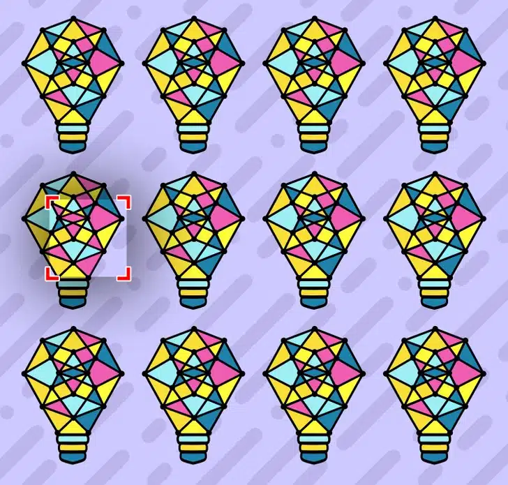Ache a lâmpada diferente entre as lâmpadas coloridas em padrão geométrico Teste visual com múltiplas lâmpadas coloridas com formas geométricas amarelas, azuis e rosas sobre fundo roxo