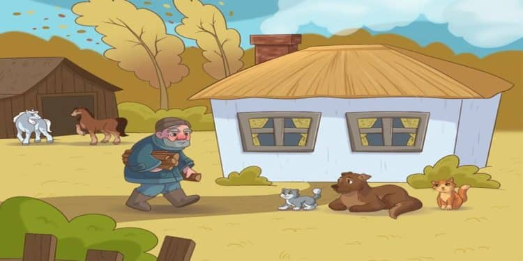 Teste visual com uma ilustração de um homem idoso carregando lenha perto de uma casa simples, com animais ao redor.