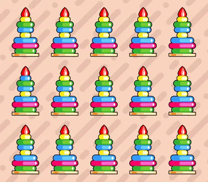 Encontre a diferença entre as pilhas de anéis coloridos para montagem. Teste visual com várias pilhas de anéis coloridos empilhados com uma peça vermelha no topo sobre fundo bege com sombras