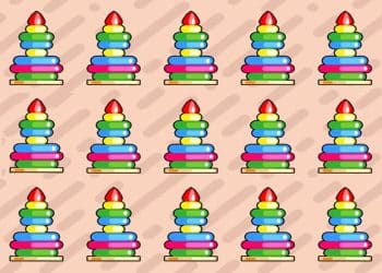 Teste visual com várias pilhas de anéis coloridos empilhados com uma peça vermelha no topo sobre fundo bege com sombras
