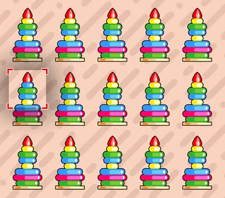 Encontre o brinquedo educativo de montar diferente. Teste visual com várias pilhas de anéis coloridos empilhados com uma peça vermelha no topo sobre fundo bege com sombras
