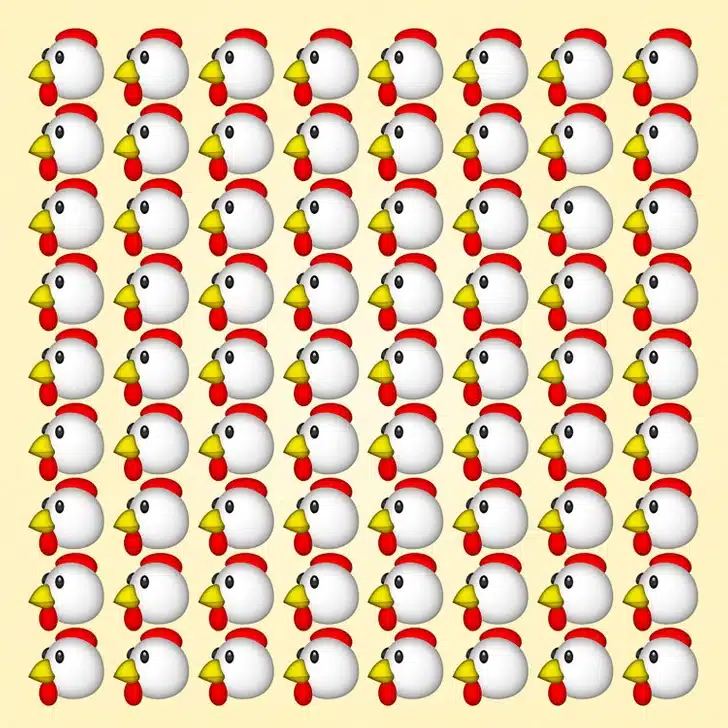 Ache a galinha fora do padrão entre as galinhas desenhadas. t Teste visual com um padrão repetido de desenhos de cabeças de galinhas brancas em fundo amarelo.