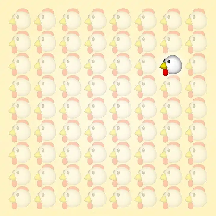 Encontre a galinha diferente entre as galinhas desenhadas em fundo amarelo Teste visual com um padrão repetido de desenhos de cabeças de galinhas brancas em fundo amarelo.