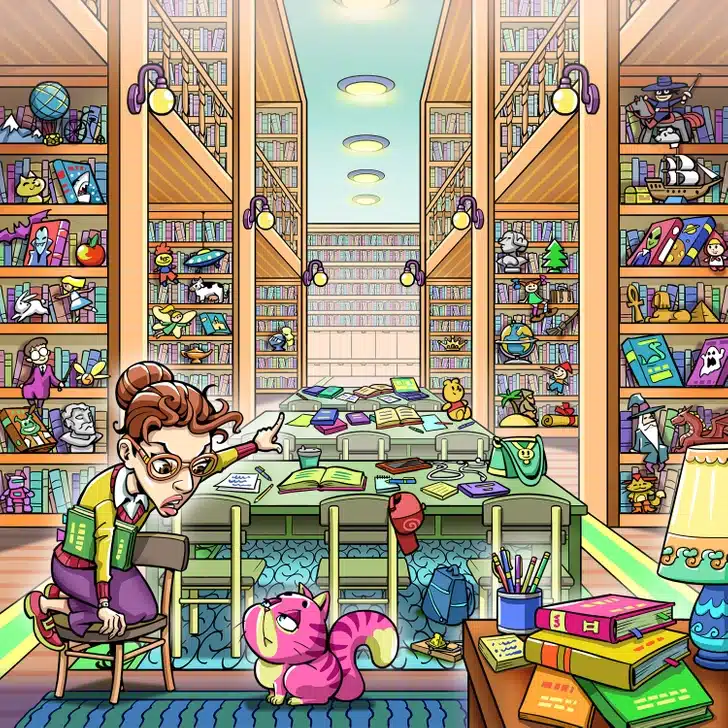 Encontre o rato escondido na cena em que uma mulher conversa com um gato rosa em uma biblioteca. Teste visual de uma mulher de óculos sentada em uma cadeira, encarando um gato rosa em uma biblioteca repleta de livros e objetos coloridos.
