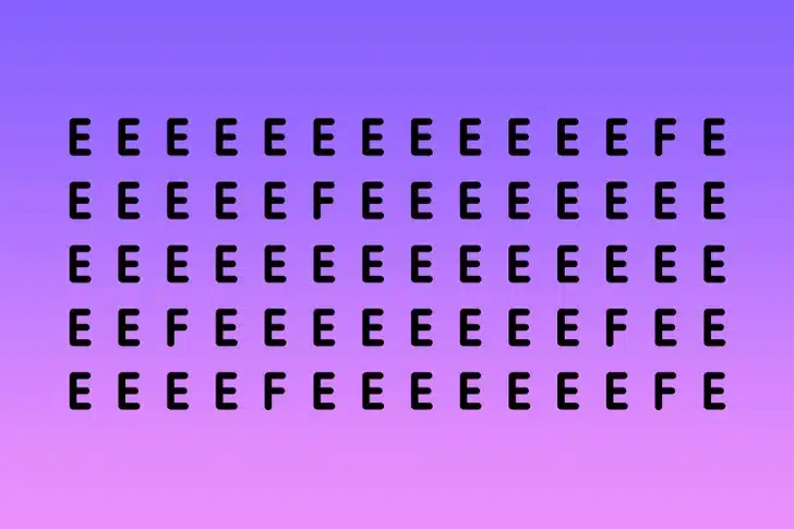 Encontre as letras F ocultas entre as letras E nesta imagem. Teste visual com várias letras E em preto e algumas letras F escondidas.