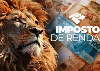 Leão símbolo do Imposto de Renda ao lado de cédulas de real e logotipo da Receita Federal