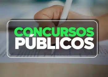 Mão segurando caneta sobre documento oficial com letreiro Concursos Públicos destacado