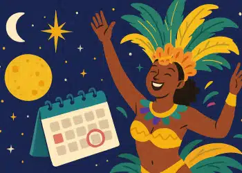 Mulher sambando com fantasia de carnaval ao lado de calendário.