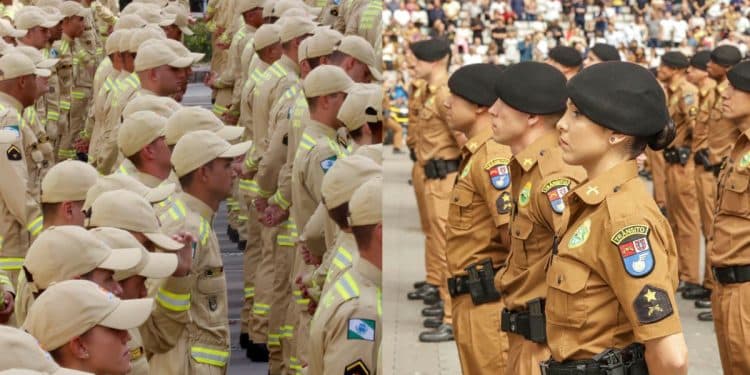 Policiais militares e bombeiros alinhados em formatura, representando os concursos para as corporações após o veto de limite de idade.