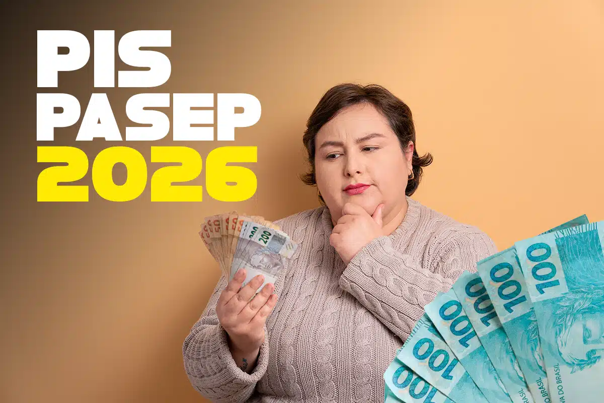 requisitos direito abono salarial 2026 Mulher com expressão pensativa segurando cédulas de Real de 50, 100 e 200; ao lado, o texto "PIS PASEP 2026" em destaque sobre um fundo degradê.
