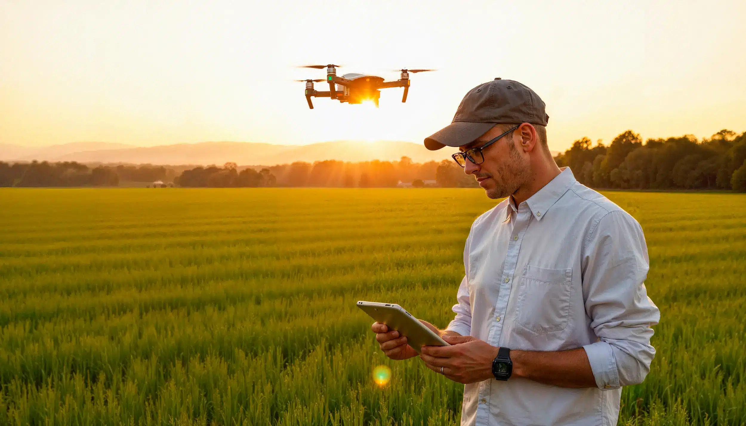 Profissional rural utiliza tablet enquanto drone monitora lavoura ao entardecer.