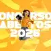 Jovem animada pulando com apostilas, documentos e o texto concursos abertos 2026 em fundo amarelo