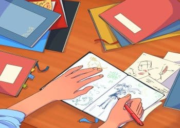 Desafio visual com ãos desenhando em caderno com diversos sketchbooks coloridos ao redor