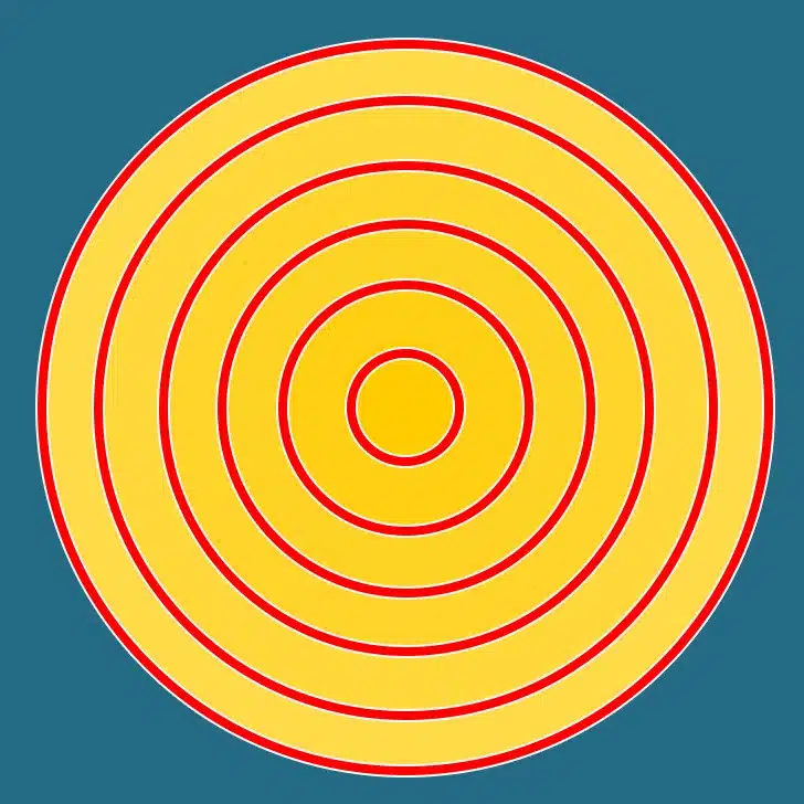 Desafio visual com círculos concêntricos amarelos em fundo azul