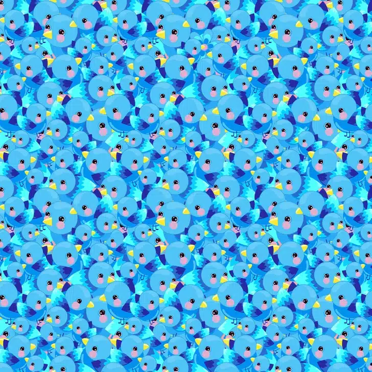 Desafio visual com uma ilustração colorida com muitos pássaros-azuis, estilo divertido e alegre, com bochechas rosadas e bicos amarelos.