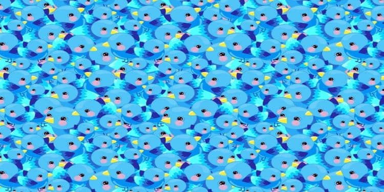 Desafio visual com uma ilustração colorida com muitos pássaros-azuis, estilo divertido e alegre, com bochechas rosadas e bicos amarelos.
