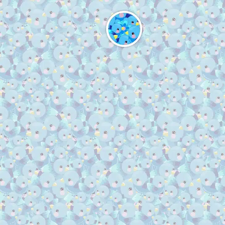 Desafio visual com uma ilustração colorida com muitos pássaros-azuis, estilo divertido e alegre, com bochechas rosadas e bicos amarelos.