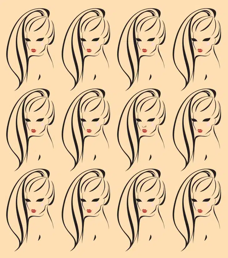 Desafio visual com rostos femininos estilizados, padrão vetorial repetitivo
