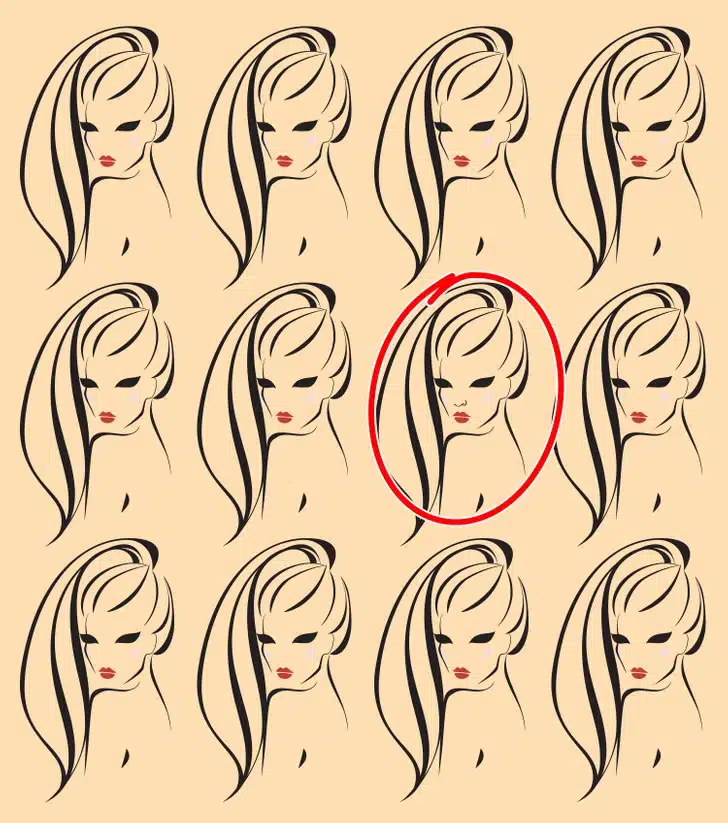 Desafio visual com rostos femininos estilizados, padrão vetorial repetitivo