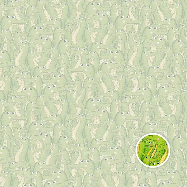 Desafio visual com desenho repetido de jacarés verdes