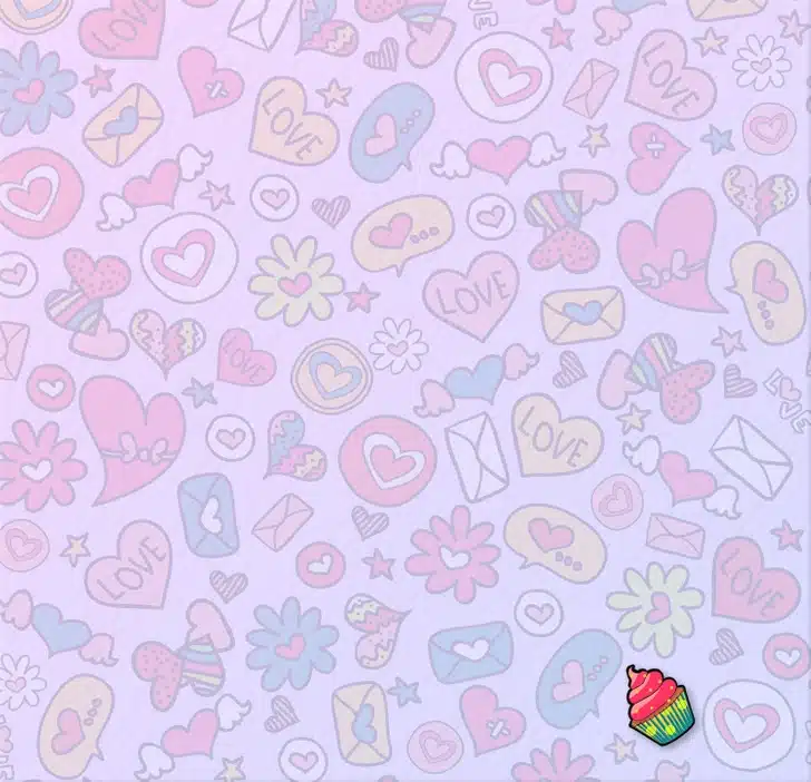 Desafio visual com um padrão colorido com corações, cartas de amor, flores e estrelas em fundo roxo