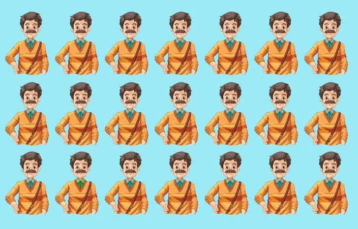Desafio visual com homem de bigode com suéter laranja repetido várias vezes em fundo azul
