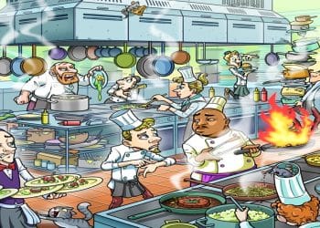 Desafio visual com uma cena de cozinha profissional com vários chefs, panelas, fogo e bagunça enquanto preparam pratos.