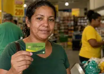 Mulher segura o Cartão Alimentação de R$ 300 dentro de um supermercado.