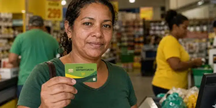 Mulher segura o Cartão Alimentação de R$ 300 dentro de um supermercado.