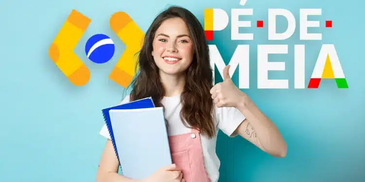Estudante de escola em tempo integral segurando cadernos e fazendo sinal de positivo, representando os benefícios do programa Pé-de-Meia para estudantes de ensino médio.
