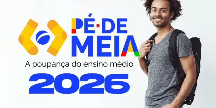Imagem promocional do Pé-de-Meia 2026, destacando o logo colorido do programa e um jovem sorrindo, com a legenda 'A poupança do ensino médio' e o ano 2026.