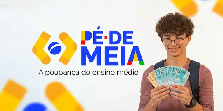 Estudante segurando dinheiro ao lado da marca do Pé-de-Meia, representando o pagamento de R$ 1.200 em junho para alunos do ensino médio público.