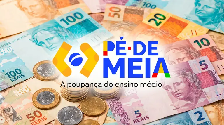 Logo do Pé-de-Meia sobre cédulas e moedas de real, representando o calendário de pagamento do incentivo de R$ 1.200 em junho.