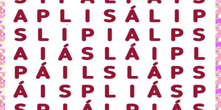 Teste visual com caça-palavras colorido e várias letras repetidas em diferentes posições.