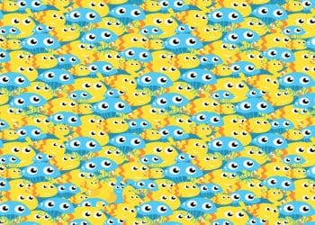 Teste visual com uma ilustração repetida de peixes e águas-vivas amarelas e azuis com olhos grandes