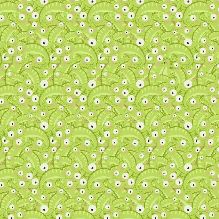 Teste visual com uma ilustração de padrão repetitivo de iguanas verdes em estilo de desenho