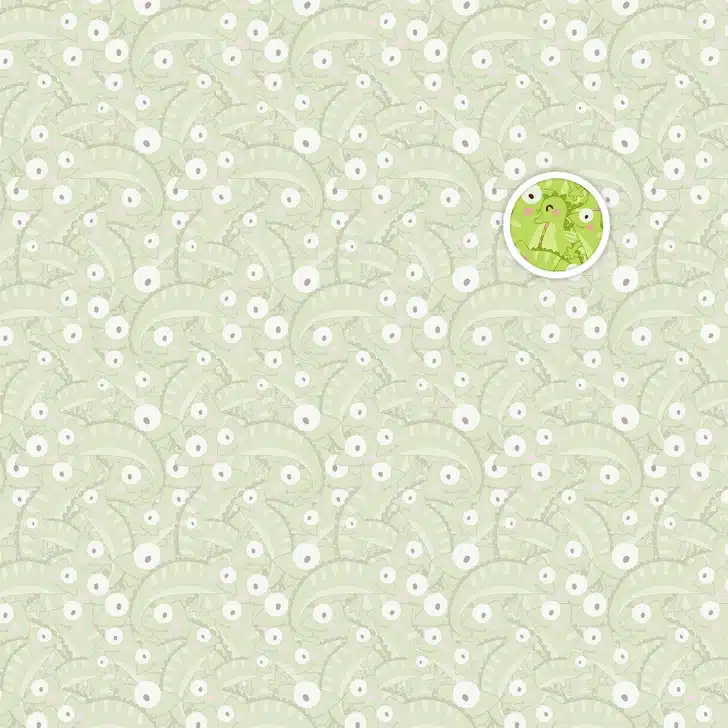 Teste visual com uma ilustração de padrão repetitivo de iguanas verdes em estilo de desenho
