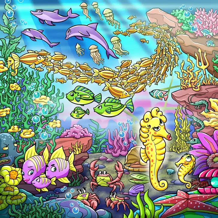 Teste visual com um desenho de animais marinhos como golfinhos, peixes, cavalos-marinhos e corais em um recife subaquático